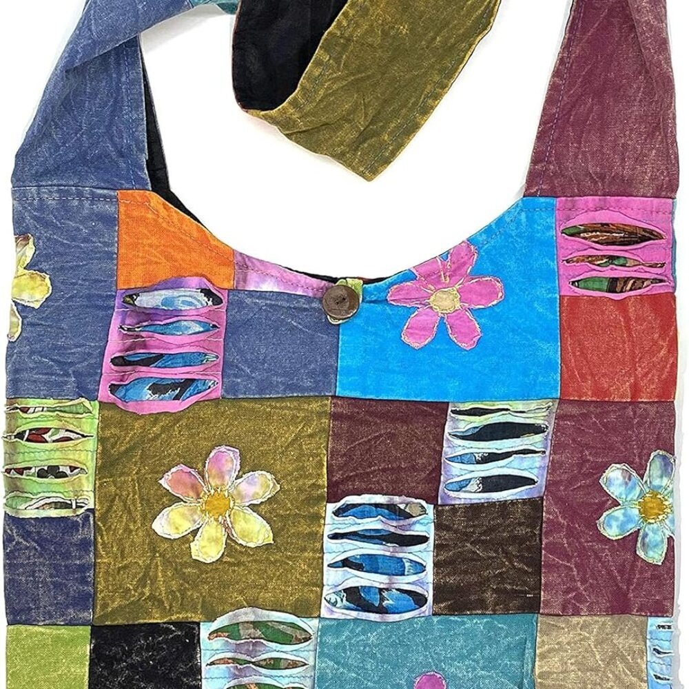 Happy Flowers Razor Cut Hippie Patchwork Sling Crossbody Boho Handbag Bohemian P